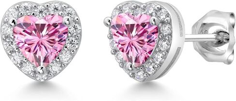 Gem Stone King 925 Sterling Silver 5MM Heart Shape Gemstone Birthstone and White Moissanite Halo Earrings | Heart Earrings For Women in Saudi Arabia