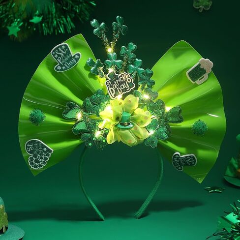 عصابة رأس مضيئة على شكل فيونكة من فورمروك، عصابة شعر خضراء لعيد القديس باتريك، حفلة LED فلاش البرسيم الأيرلندي، خوذة على شكل فيونكة للنساء والفتيات in Kuwait