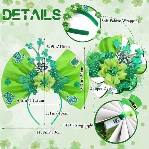 عصابة رأس مضيئة على شكل فيونكة من فورمروك، عصابة شعر خضراء لعيد القديس باتريك، حفلة LED فلاش البرسيم الأيرلندي، خوذة على شكل فيونكة للنساء والفتيات in Kuwait