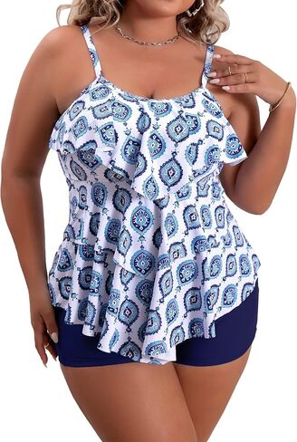 B2prity Women Plus Size Tankini Swimsuits Tummy Control Two Piece Bathing Suit Ruffled Flounce Swimwear with Shorts in Saudi Arabia