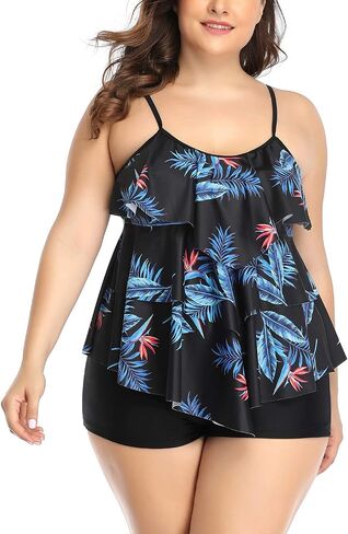 B2prity Women Plus Size Tankini Swimsuits Tummy Control Two Piece Bathing Suit Ruffled Flounce Swimwear with Shorts in Saudi Arabia