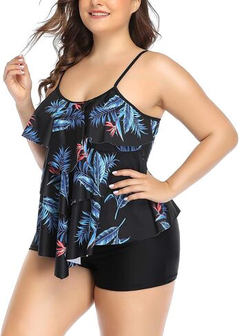 B2prity Women Plus Size Tankini Swimsuits Tummy Control Two Piece Bathing Suit Ruffled Flounce Swimwear with Shorts in Saudi Arabia