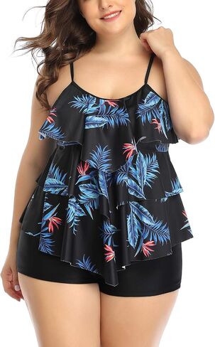 B2prity Women Plus Size Tankini Swimsuits Tummy Control Two Piece Bathing Suit Ruffled Flounce Swimwear with Shorts in Saudi Arabia