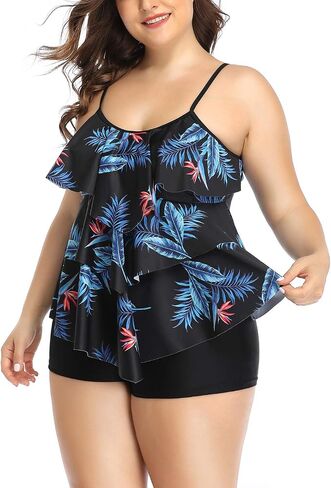 B2prity Women Plus Size Tankini Swimsuits Tummy Control Two Piece Bathing Suit Ruffled Flounce Swimwear with Shorts in Saudi Arabia
