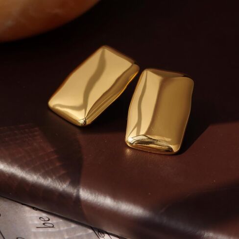 Large Thick Rectangle Ear Stud Earrrings for Women,Oversized Chunky Geometric Minimalist Stainless Steel 18K Gold Plated Earrings,Non Tarnish Statement Trending Jewelry in Kuwait