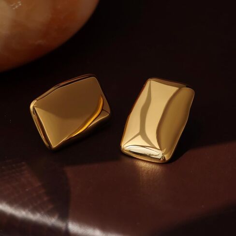 Large Thick Rectangle Ear Stud Earrrings for Women,Oversized Chunky Geometric Minimalist Stainless Steel 18K Gold Plated Earrings,Non Tarnish Statement Trending Jewelry in Kuwait