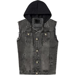 Men's Hooded Denim Vest Classic Stretchy Trucker Sleeveless Jean Jacket