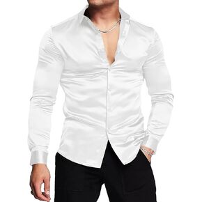 URRU Men's Luxury Shiny Silk Like Satin Dress Shirt Long Sleeve Casual Slim Fit Muscle Button Up Shirts in Kuwait