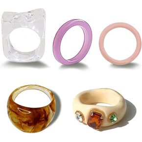 YOOESTORES82 Colorful Chunky Acrylic Resin Rings,Fashion Rhinestone Band Ring for Women Stackable Statement Rings Silicone Ring Set Wedding Band