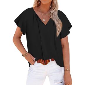 Anydoll Womens 2024 Summer Tunic Tops Casual Short Sleeve Blouses V Neck Dressy Chiffon Boho Tshirts