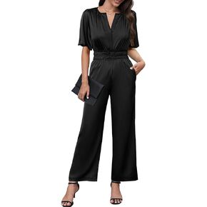 Simplee Women's Short Sleeve Formal Jumpsuit Casual Dressy V Neck Empire Waist Elegant Satin Jumpsuits Rompers With Pockets