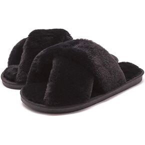 The Season Essentials U-slide Women’s Cross Band Soft Plush Fluffy Furry Fleece House Indoor or Outdoor Ladies’ Slide Slippers