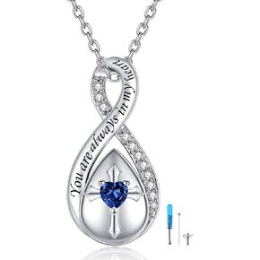 ZOEXUE Infinity Cross Cremation Jewelry - S925 Sterling Silver Cross Urn Necklace for Women - Birthstone Cross with Heart CZ Ashes Keepsake Pendant Memorial Urn Jewelry Gift for A Loss Loved Ones