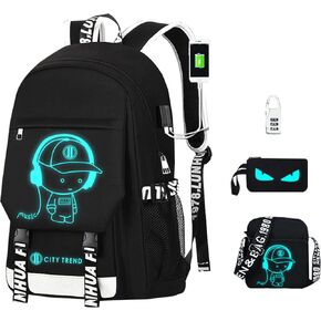 Kids Luminous School Backpack with USB Shoulder Bag Pencil Bag Lock for Boys(6-4PCS)