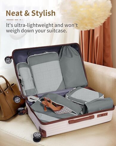 مكعبات تعبئة مضغوطة للسفر، 8 مجموعات من حقائب تنظيم السفر، أكياس مكعبات ضغط، حقيبة تنظيم التعبئة، حقائب تنظيم الأمتعة مع حقيبة أدوات الزينة وحقيبة الأحذية، أساسيات السفر باللون البيج in Kuwait