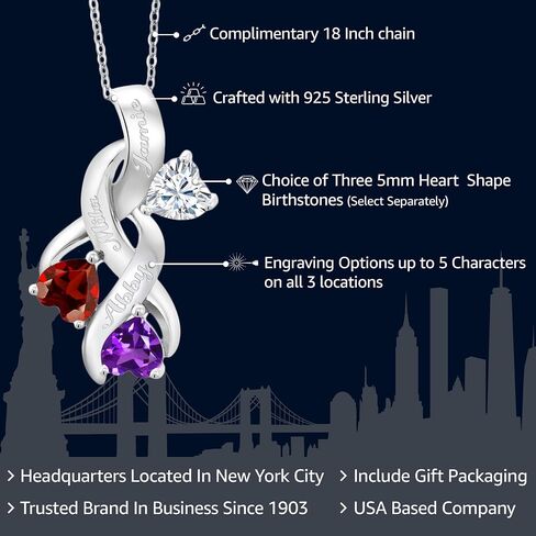 Gem Stone King 925 Sterling Silver Gemstone Birthstone 3-Stones Heart Shape Mothers Pendant Necklace For Women with 18 Inch Chain in Saudi Arabia