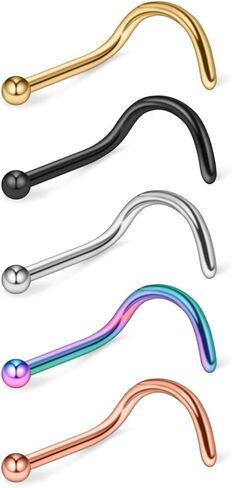 Ruifan 5 قطعة الجراحية الصلب منحني الأنف مسمار حلقة المسمار مع 1.5 مللي متر-3 مللي متر الكرة ثقب المجوهرات 22 جرام 20 جرام 18 جرام in Kuwait