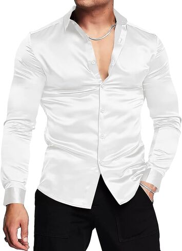 URRU Men's Luxury Shiny Silk Like Satin Dress Shirt Long Sleeve Casual Slim Fit Muscle Button Up Shirts in Kuwait