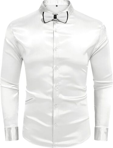 URRU Men's Luxury Shiny Silk Like Satin Dress Shirt Long Sleeve Casual Slim Fit Muscle Button Up Shirts in Kuwait