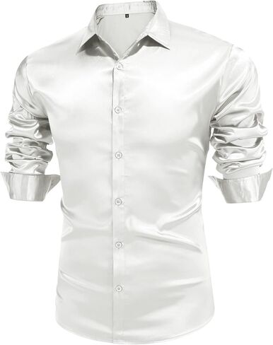 URRU Men's Luxury Shiny Silk Like Satin Dress Shirt Long Sleeve Casual Slim Fit Muscle Button Up Shirts in Kuwait