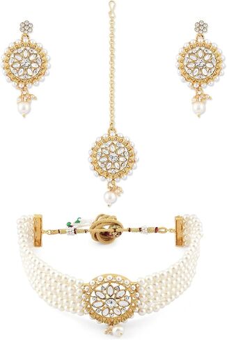 Aheli Kundan Pearl Choker Multi Layered Necklace Earrings with Manng Tikka Set Indian Traditional Wedding Jewelry for Women in Saudi Arabia