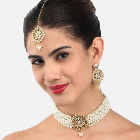 Aheli Kundan Pearl Choker Multi Layered Necklace Earrings with Manng Tikka Set Indian Traditional Wedding Jewelry for Women in Saudi Arabia