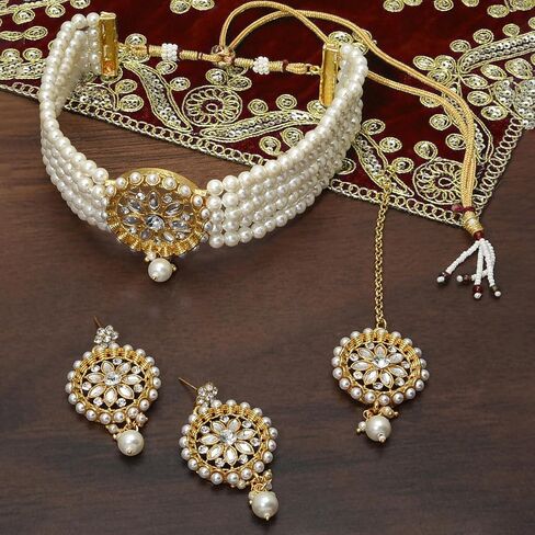 Aheli Kundan Pearl Choker Multi Layered Necklace Earrings with Manng Tikka Set Indian Traditional Wedding Jewelry for Women in Saudi Arabia
