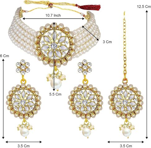 Aheli Kundan Pearl Choker Multi Layered Necklace Earrings with Manng Tikka Set Indian Traditional Wedding Jewelry for Women in Saudi Arabia