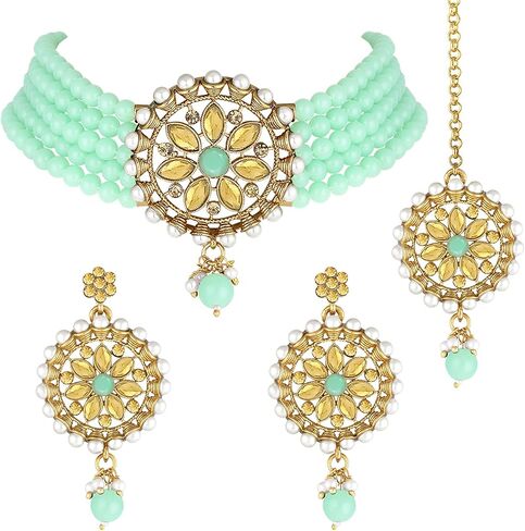 Aheli Kundan Pearl Choker Multi Layered Necklace Earrings with Manng Tikka Set Indian Traditional Wedding Jewelry for Women in Saudi Arabia