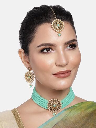 Aheli Kundan Pearl Choker Multi Layered Necklace Earrings with Manng Tikka Set Indian Traditional Wedding Jewelry for Women in Saudi Arabia