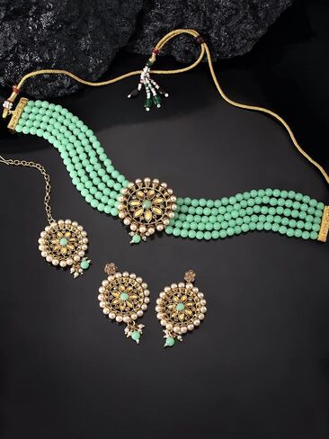 Aheli Kundan Pearl Choker Multi Layered Necklace Earrings with Manng Tikka Set Indian Traditional Wedding Jewelry for Women in Saudi Arabia