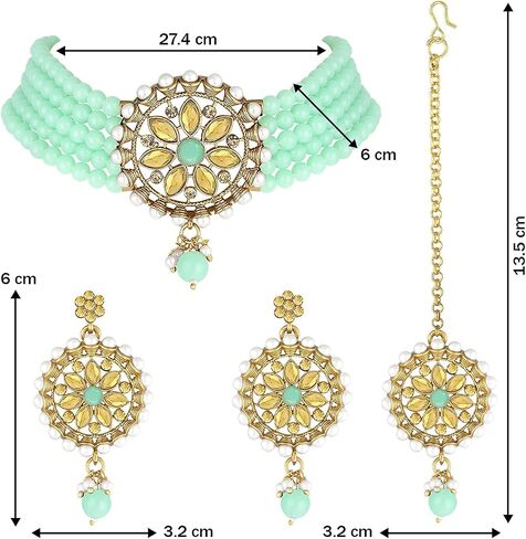 Aheli Kundan Pearl Choker Multi Layered Necklace Earrings with Manng Tikka Set Indian Traditional Wedding Jewelry for Women in Saudi Arabia