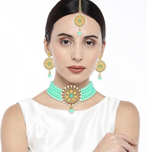 Aheli Kundan Pearl Choker Multi Layered Necklace Earrings with Manng Tikka Set Indian Traditional Wedding Jewelry for Women in Saudi Arabia