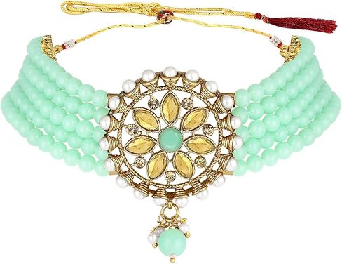 Aheli Kundan Pearl Choker Multi Layered Necklace Earrings with Manng Tikka Set Indian Traditional Wedding Jewelry for Women in Saudi Arabia
