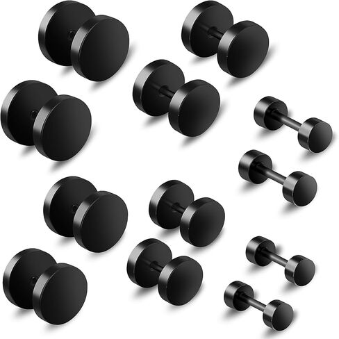 6 Pairs Black Earrings for Men Women Fake Plugs Faux Gauges Plugs Earring Stainless Steel Stud Earrings, 4-10mm in Saudi Arabia