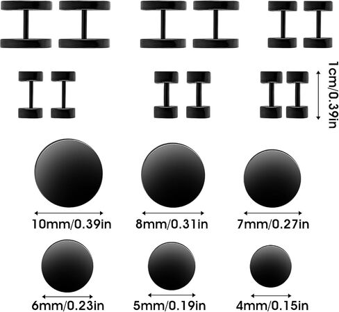 6 Pairs Black Earrings for Men Women Fake Plugs Faux Gauges Plugs Earring Stainless Steel Stud Earrings, 4-10mm in Saudi Arabia