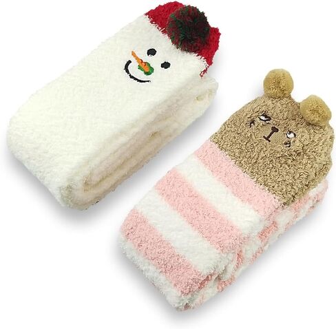 Cute Animal Coral Fleece Winter Warm Soft Thigh High Long Striped Socks 2 Pairs (Pink Piggy & Red Bear) in Saudi Arabia