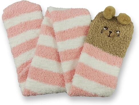Cute Animal Coral Fleece Winter Warm Soft Thigh High Long Striped Socks 2 Pairs (Pink Piggy & Red Bear) in Saudi Arabia