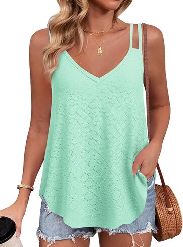 Zeagoo Flowy Tank Tops for Women Spaghetti Strap Eyelet Embroidery Loose Fit V Neck Sleeveless Casual Summer Tank Tops in Saudi Arabia