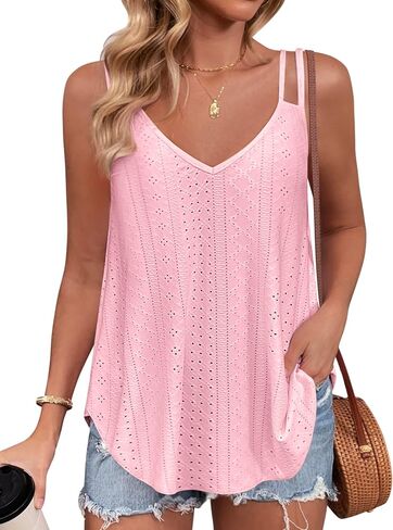 Zeagoo Flowy Tank Tops for Women Spaghetti Strap Eyelet Embroidery Loose Fit V Neck Sleeveless Casual Summer Tank Tops in Saudi Arabia