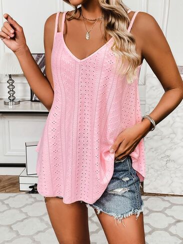 Zeagoo Flowy Tank Tops for Women Spaghetti Strap Eyelet Embroidery Loose Fit V Neck Sleeveless Casual Summer Tank Tops in Saudi Arabia