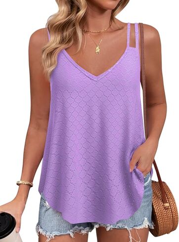 Zeagoo Flowy Tank Tops for Women Spaghetti Strap Eyelet Embroidery Loose Fit V Neck Sleeveless Casual Summer Tank Tops in Saudi Arabia