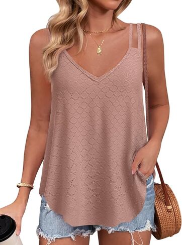 Zeagoo Flowy Tank Tops for Women Spaghetti Strap Eyelet Embroidery Loose Fit V Neck Sleeveless Casual Summer Tank Tops in Saudi Arabia