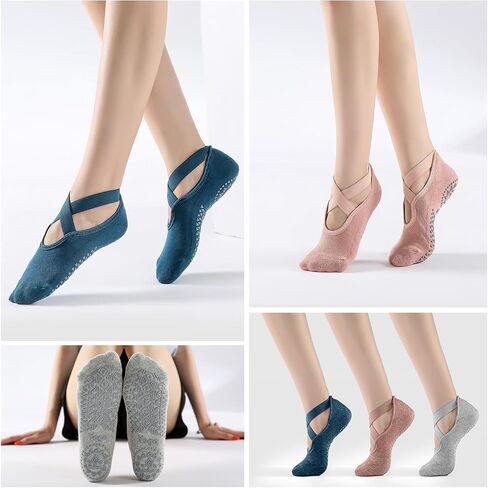 3 Pairs Yoga Socks for Women Non-Slip Grips, Pilates, Barre, Pregnancy, Dance, Hospital Socks. in Kuwait