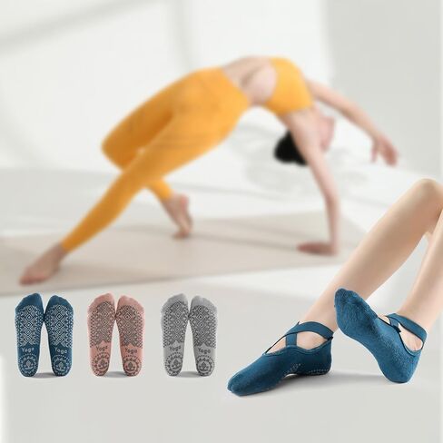 3 Pairs Yoga Socks for Women Non-Slip Grips, Pilates, Barre, Pregnancy, Dance, Hospital Socks. in Kuwait
