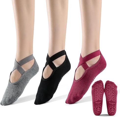 3 Pairs Yoga Socks for Women Non-Slip Grips, Pilates, Barre, Pregnancy, Dance, Hospital Socks. in Kuwait