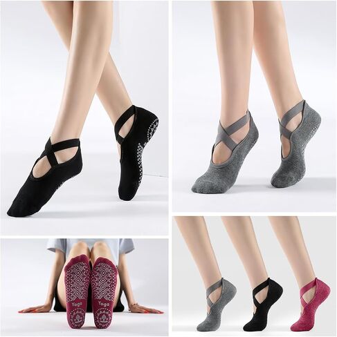 3 Pairs Yoga Socks for Women Non-Slip Grips, Pilates, Barre, Pregnancy, Dance, Hospital Socks. in Kuwait