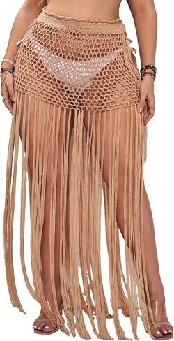 SHENHE Women's Plus Size Crochet Beach Cover Up Skirt Hollow Out Sheer Maxi Fringe Skirt in Saudi Arabia