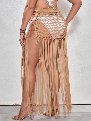 SHENHE Women's Plus Size Crochet Beach Cover Up Skirt Hollow Out Sheer Maxi Fringe Skirt in Saudi Arabia
