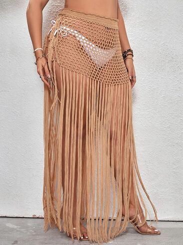 SHENHE Women's Plus Size Crochet Beach Cover Up Skirt Hollow Out Sheer Maxi Fringe Skirt in Saudi Arabia